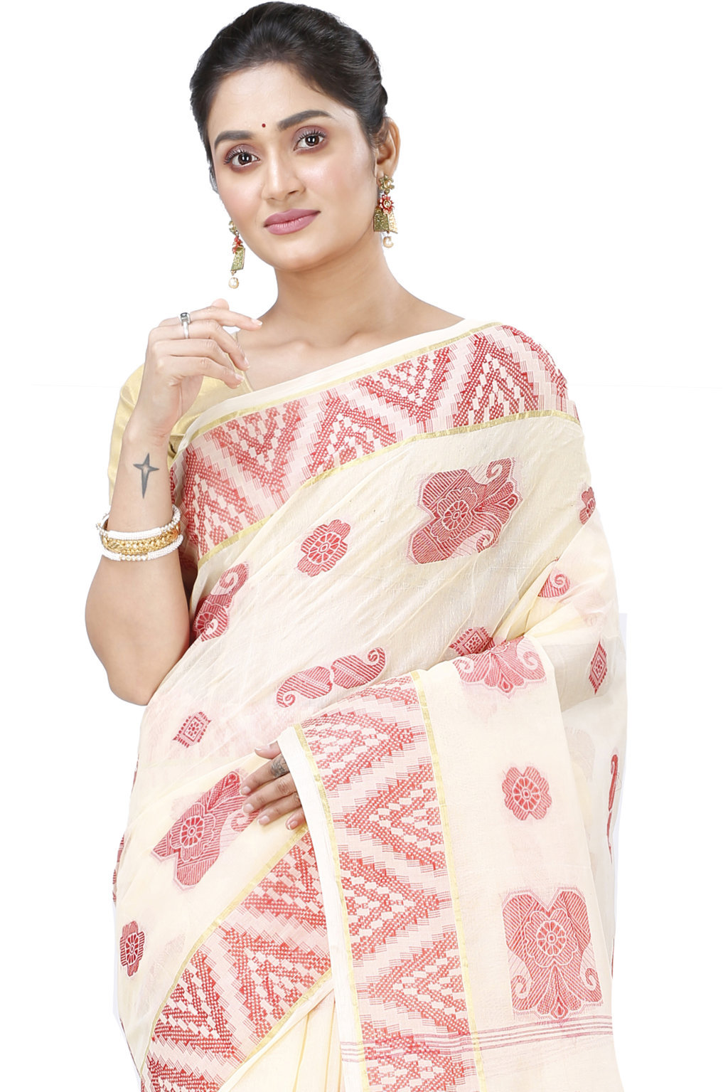 White Red Pure Cotton Gargi Tant Saree (914)